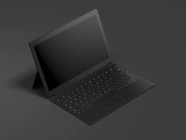 Moderne geöffnete Tablette isoliert auf dunklem Hintergrund. 3D-Darstellung — Stockfoto