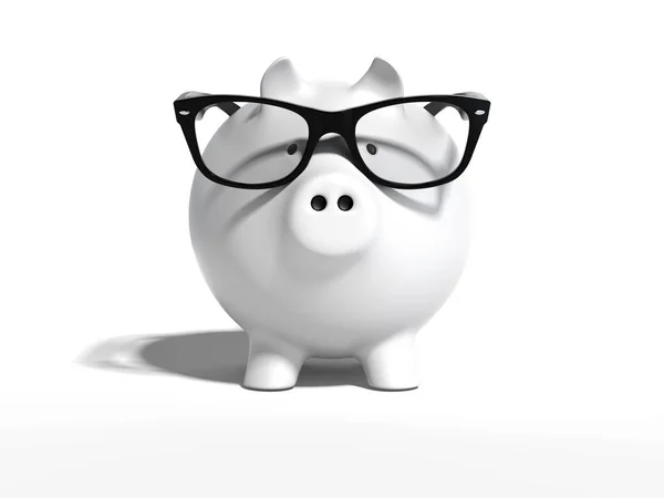 Banco de porquinho branco com óculos claros. Renderização 3d — Fotografia de Stock