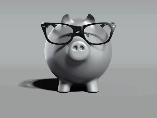 Schwarzes Sparschwein mit klarer Brille. 3D-Darstellung — Stockfoto