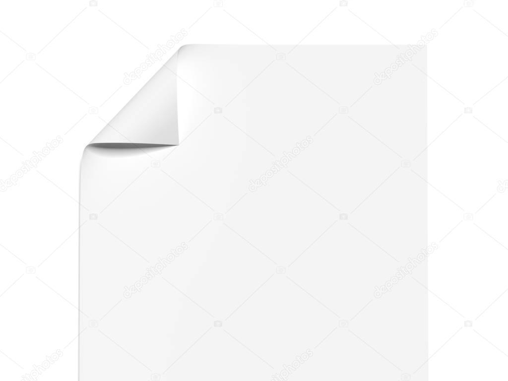 Blank sheet with a wrapped corner. 3d rendering