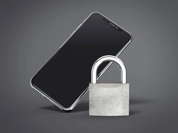 Modernes schwarzes Smartphone mit geschlossenem Vorhängeschloss. 3D-Darstellung — Stockfoto