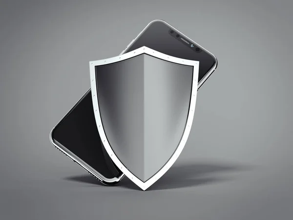 Modern black smartphone with shield. 3d rendering — Stock Photo, Image