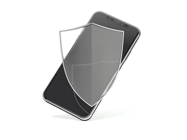 Σύγχρονο smartphone και διαφανή ασπίδα. 3D rendering — Φωτογραφία Αρχείου