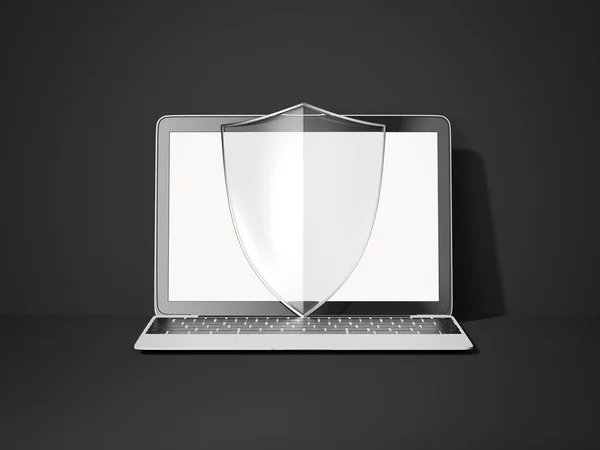 Laptop modern și scut transparent. Redare 3d — Fotografie, imagine de stoc