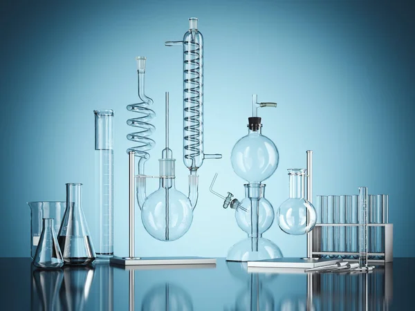 Equipo de laboratorio de química de vidrio sobre fondo azul. renderizado 3d — Foto de Stock