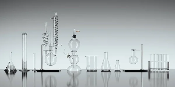 Glass chemistry lab equipment on white background. 3d rendering — Stock Photo, Image