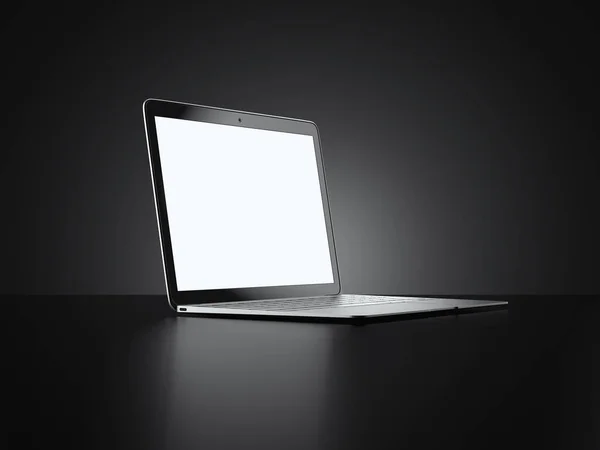 Moderne laptop geïsoleerd op zwarte achtergrond. 3D-rendering — Stockfoto