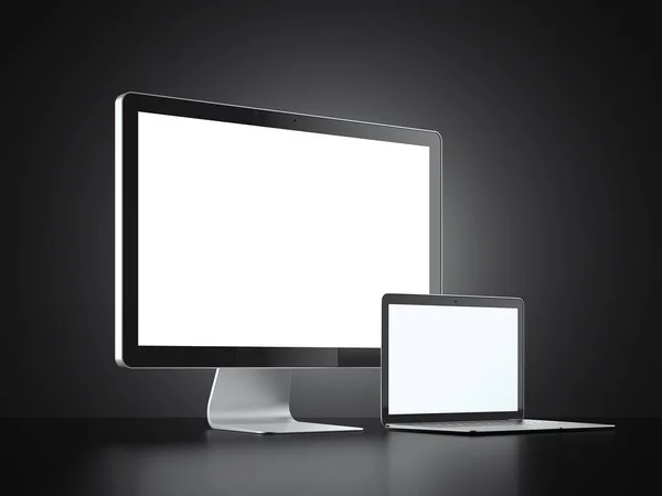 Display e laptop isolati su sfondo nero. rendering 3d — Foto Stock