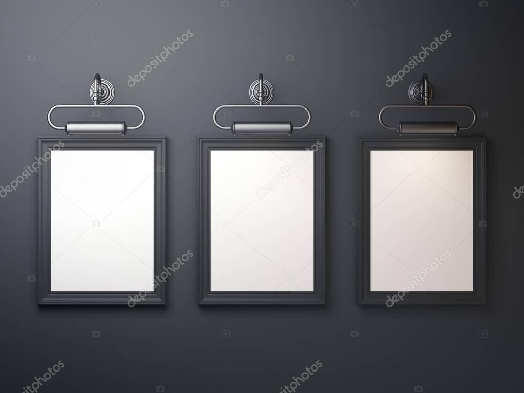 Three black picture frames on dark background. 3d rendering