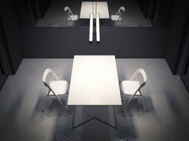 Karanlık oda iki beyaz sandalye ile sorgulama için. 3D render
