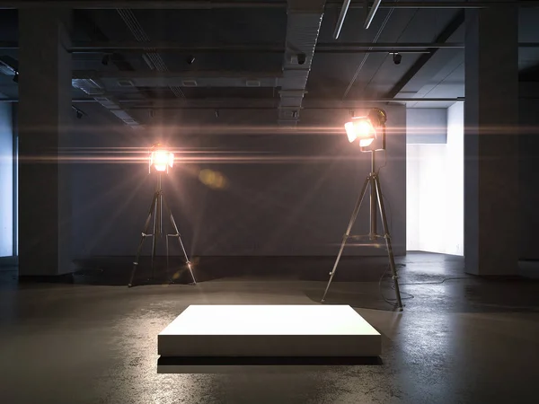 Prázdné pódium a dva reflektory. 3D vykreslování — Stock fotografie
