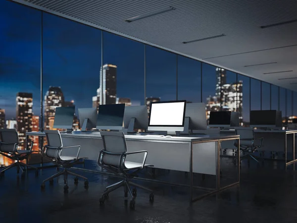 Interior vacío de la oficina nocturna con pantalla brillante. renderizado 3d —  Fotos de Stock