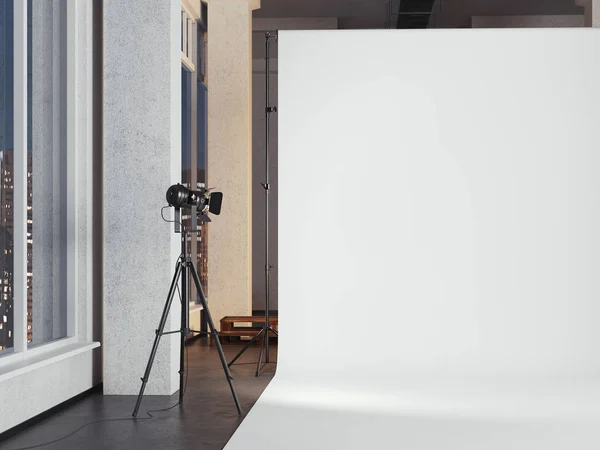Moderno estudio fotográfico con fondo blanco en blanco. renderizado 3d — Foto de Stock