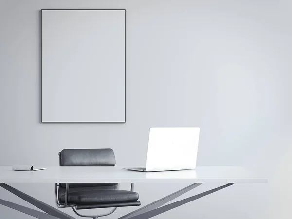 Яркий офисный интерьер с рабочим местом и рамкой для фотографий. 3d-рендеринг — стоковое фото