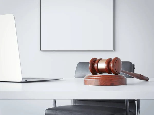 Office table with a hammer of the judge. 3d rendering — Stock Photo, Image