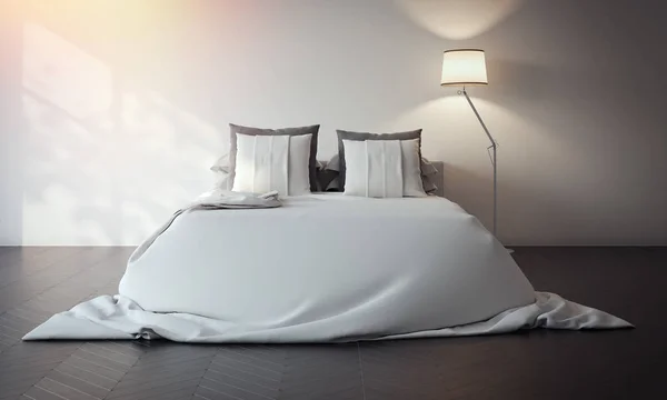 Tempat tidur putih di bagian dalam. Rendering 3d — Stok Foto