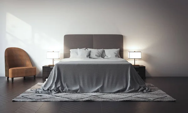 Białe łóżko we wnętrzu z fotelem. renderowania 3D — Zdjęcie stockowe