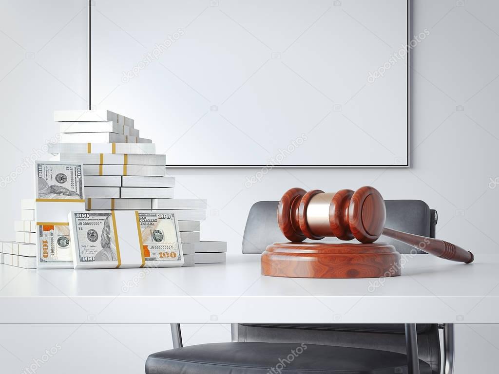 Office table with a hammer judge and money. 3d rendering