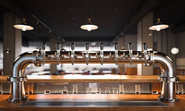 Bir restoran ve bir bira musluklar. 3D render