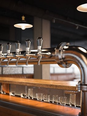 Metal bira restoranda musluklar. 3D render