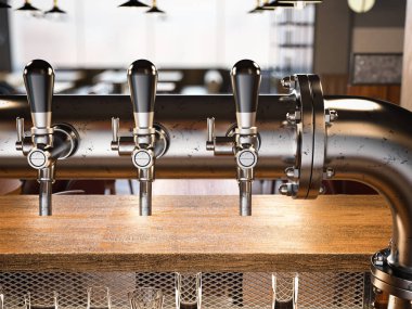 Bira loft restoranda musluklar. 3D render