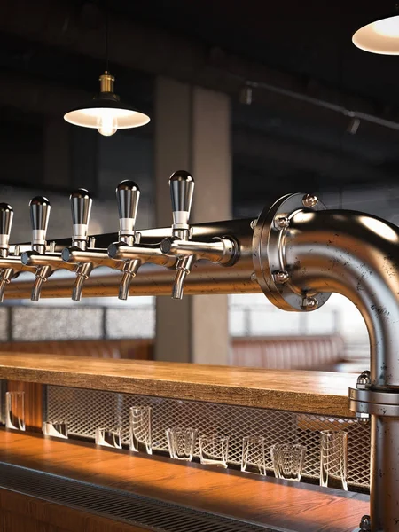 Metal bira restoranda musluklar. 3D render