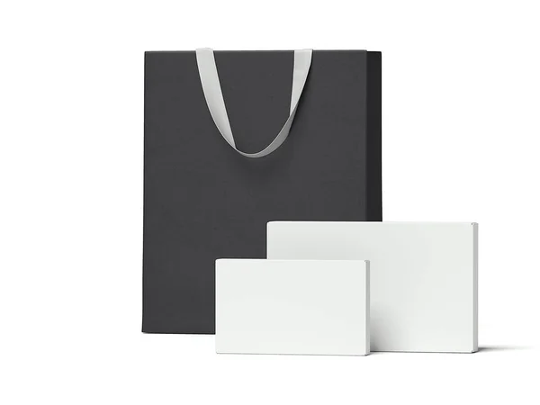 Two white packages and black shopping bag. 3d rendering — Stock Photo, Image