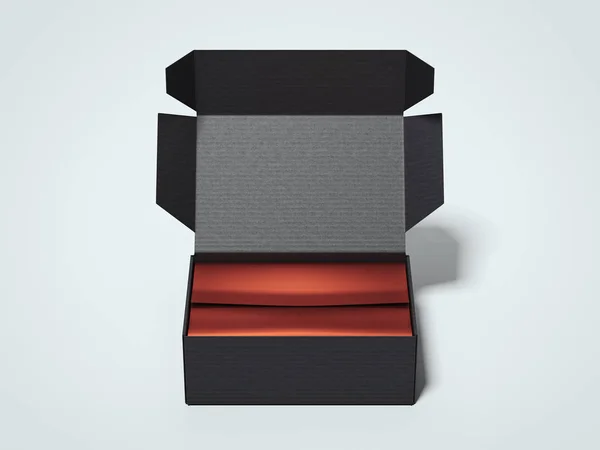 Geöffnete schwarze Pappverpackung. 3D-Darstellung — Stockfoto