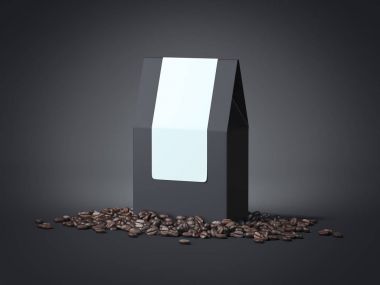 Siyah çanta boş etiket ve kahve çekirdekleri ile. 3D render