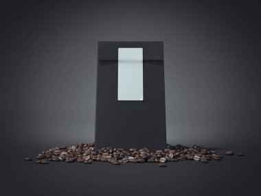 Boş etiket ve kahve çekirdekleri ile siyah paket. 3D render