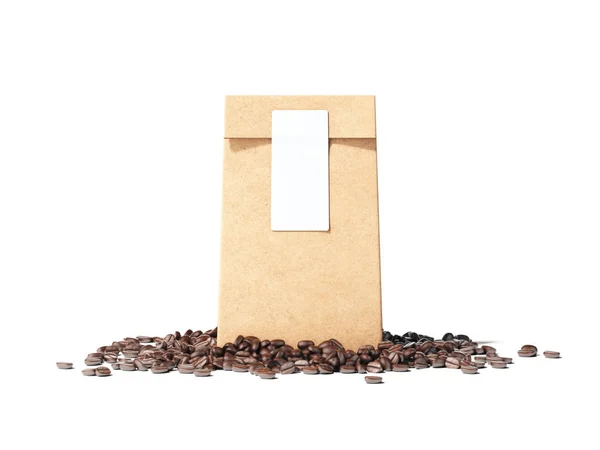 Brown package with blank sticker and coffee beans. 3d rendering — Stock Photo, Image