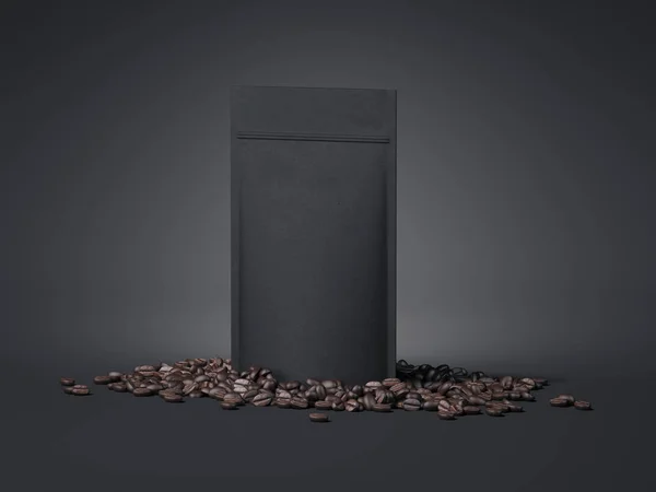 Чорний пакет і кавові зерна. 3D візуалізація — стокове фото