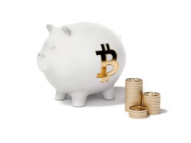 Beyaz kumbara ve bitcoins yığını. 3D render
