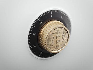 Bitcoin sembolü ile güvenli arama. 3D render