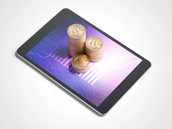 Três pilhas de bitcoins e tablet pc. Renderização 3d — Fotografia de Stock
