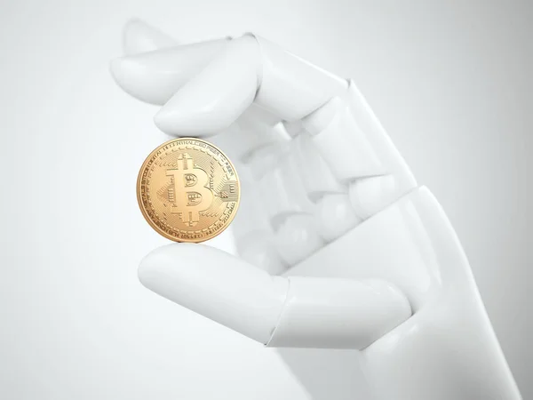 Bitcoin dorado brillando en la mano del robot blanco. renderizado 3d — Foto de Stock