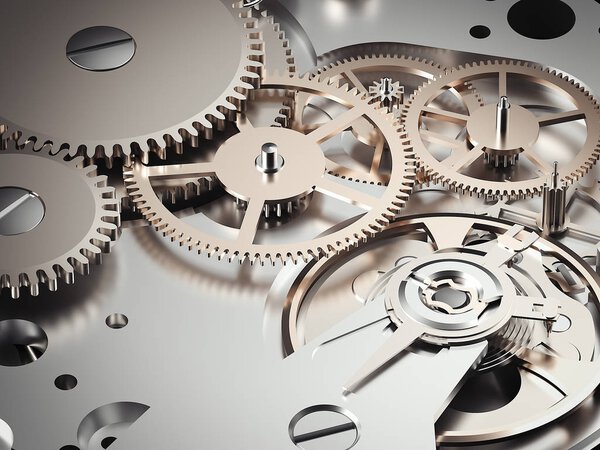 Clockwork mechanism with gears. 3d rendering