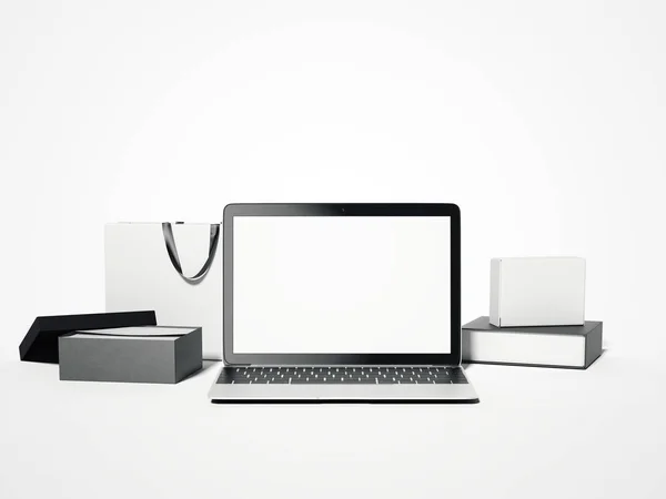 Modern laptop with a lot of gift packages and bags. 3d rendering — Stock Photo, Image