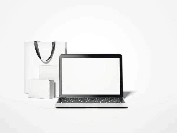 Laptop mit Geschenkpaketen und Tasche. 3D-Darstellung — Stockfoto