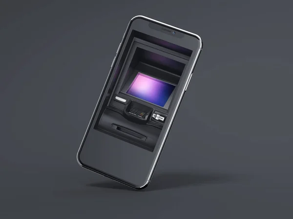 Modern smartphone with ATM as display. 3d rendering — Stock Photo, Image