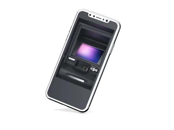 Smartphone with ATM as display isolated on bright background. 3d rendering — Stock Photo, Image