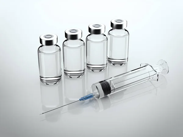 Syringe met vijf flessen van vaccin. 3D-rendering — Stockfoto