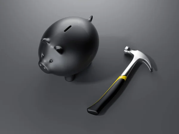 Piggy bank met hamer. 3D-rendering — Stockfoto