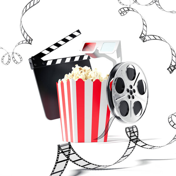 Popcorn, clap movie and film reel isolated on white background. 3d rendering