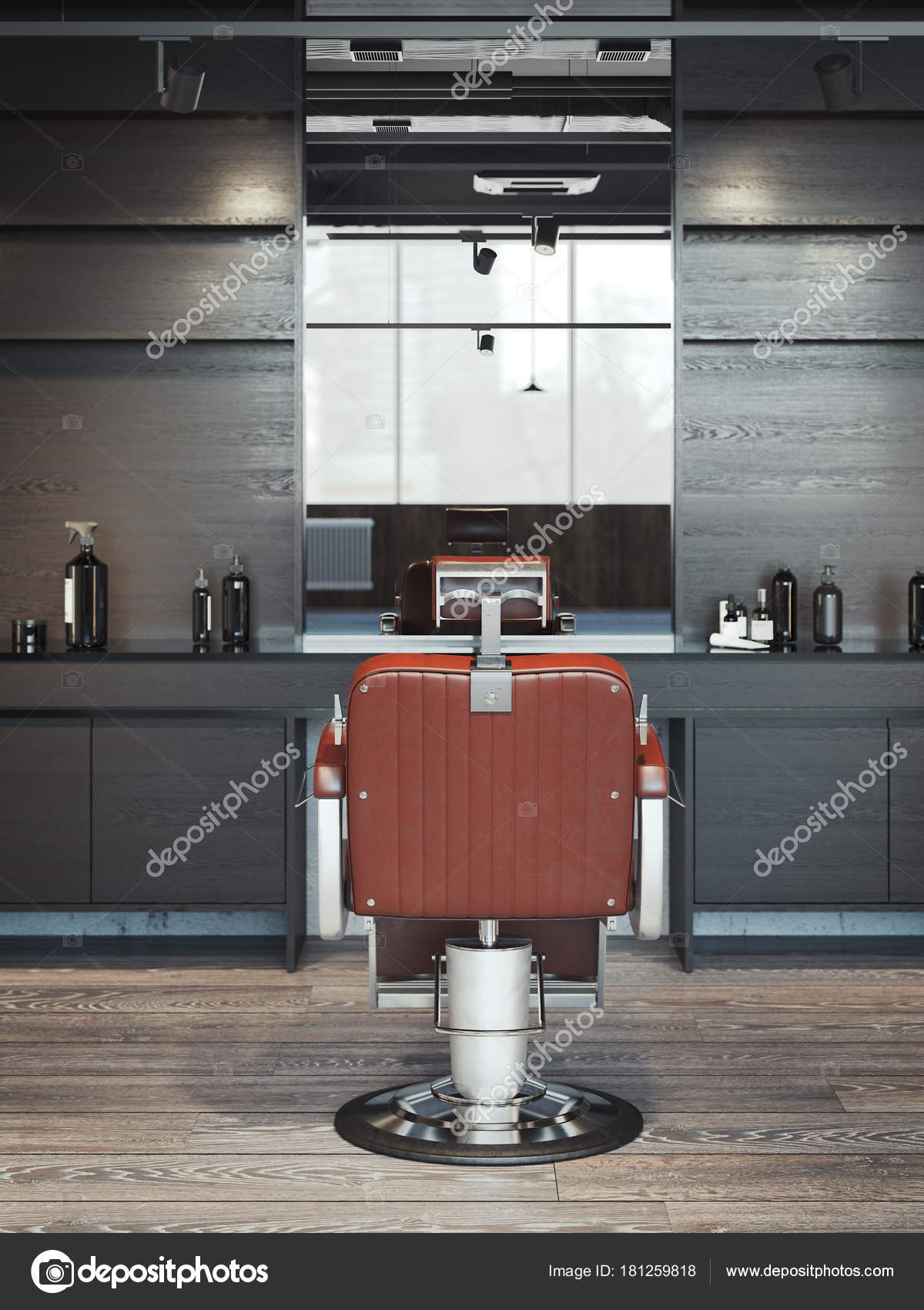 Modern Barbershop Interior With Red Chair 3d Rendering Stock