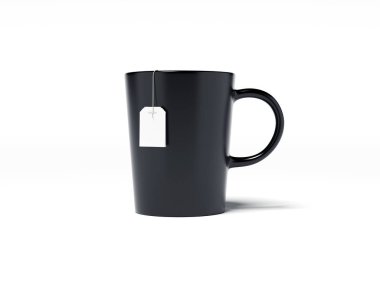Siyah Kupası ve çay poşeti ile beyaz etiket. 3D render