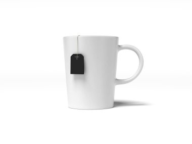 Beyaz Kupası ve çay poşeti siyah etiketli. 3D render