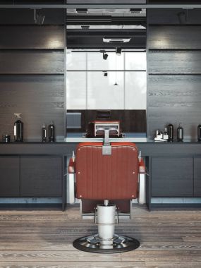Modern barbershop interior with red chair. 3d rendering clipart