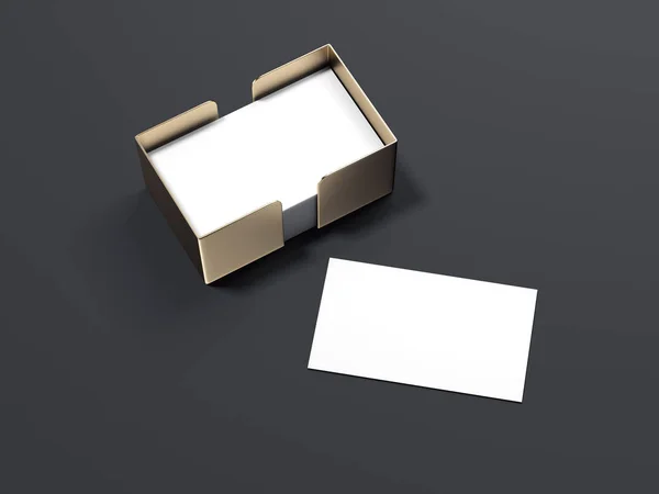 Üres fehér névjegykártyák arany tartóval. 3D-leképezés — Stock Fotó