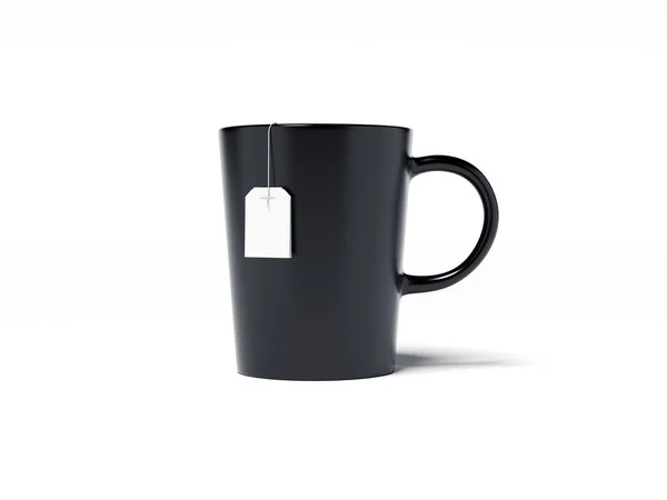 Black cup and tea bag with white label. 3d rendering — Stock Photo, Image